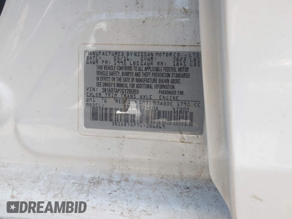2016 Nissan Sentra SV with VIN 3N1AB7AP7GY286869, listed as a IAAI auction lot 42049515 with 149,433 mi miles and . Bid and sale history available at DreamBid. Image 9.