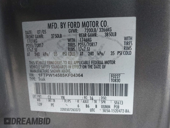 2005 Ford F-150 XLT z VIN 1FTPW14585KF04364, wystawiony jako IAAI lot #42638141 z przebiegiem 172 244 mil mil oraz . Historia ofert i sprzedaży dostępna na DreamBid. Obrazek 9.