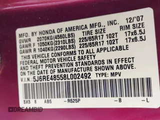 2008 Honda CR-V EX with VIN 5J6RE48558L002492, listed as a IAAI auction lot 41869359 with 130,554 mi miles and . Bid and sale history available at DreamBid. Image 9.