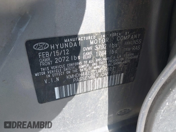 2012 Hyundai Elantra Limited z VIN KMHDH4AE2CU455811, wystawiony jako IAAI lot #42296941 z przebiegiem 230 105 mil mil oraz . Historia ofert i sprzedaży dostępna na DreamBid. Obrazek 9.