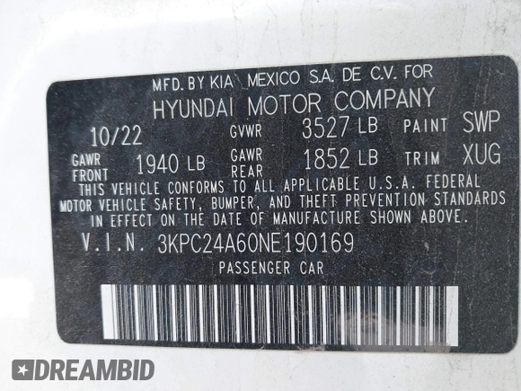 2022 Hyundai Accent SE with VIN 3KPC24A60NE190169, listed as a IAAI auction lot 41521911 with 22,089 mi miles and . Bid and sale history available at carsss.com. Image 9.