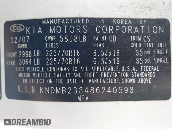 2008 Kia Sedona LX with VIN KNDMB233486240593, listed as a IAAI auction lot 41639585 with 173,067 mi miles. Bid and sale history available at carsss.com. Image 9.