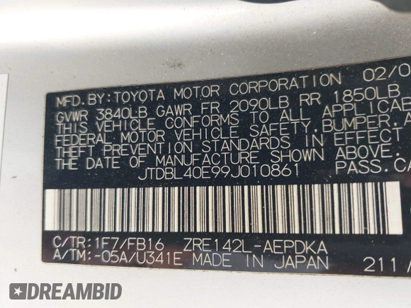 2009 Toyota Corolla with VIN JTDBL40E99J010861, listed as a IAAI auction lot 42143607 with 333,838 mi miles and . Bid and sale history available at DreamBid. Image 9.