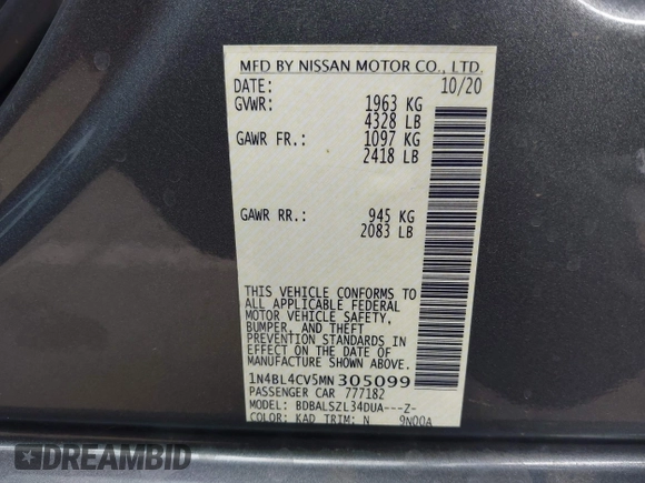 2021 Nissan Altima 2.5 SR with VIN 1N4BL4CV5MN305099, listed as a IAAI auction lot 41669894 with 97,251 mi miles. Bid and sale history available at carsss.com. Image 9.