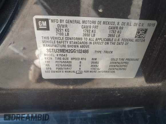 2016 GMC Sierra 1500 with VIN 3GTU2MEH2GG102486, listed as a IAAI auction lot 41071369 with 166,803 mi miles and . Bid and sale history available at DreamBid. Image 9.