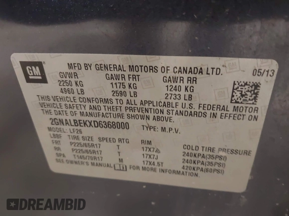 2013 Chevrolet Equinox LS with VIN 2GNALBEKXD6368000, listed as a IAAI auction lot 42158917 with 147,625 mi miles and . Bid and sale history available at DreamBid. Image 9.