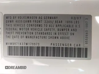 2007 Volkswagen Rabbit z VIN WVWBR71K37W179973, wystawiony jako IAAI lot #42522408 z przebiegiem 154 474 mil mil oraz . Historia ofert i sprzedaży dostępna na DreamBid. Obrazek 9.