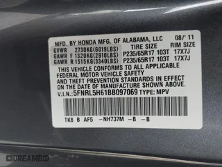 2011 Honda Odyssey EX-L with VIN 5FNRL5H61BB097069, listed as a IAAI auction lot 41723100 with 252,529 mi miles. Bid and sale history available at carsss.com. Image 9.