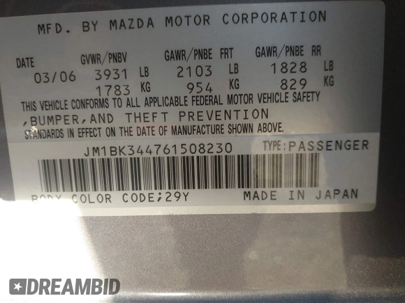 2006 Mazda 3 S Grand Touring with VIN JM1BK344761508230, listed as a IAAI auction lot 41870335 with 179,384 mi miles and . Bid and sale history available at DreamBid. Image 9.