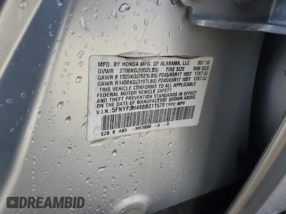 2011 Honda Pilot EX with VIN 5FNYF3H44BB011579, listed as a Copart auction lot 48305835 with 181,542 mi miles and Salvage Title. Bid and sale history available at carsss.com. Image 13.