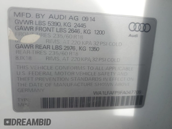 2015 Audi Q5 Premium Plus with VIN WA1LFAFP9FA047708, listed as a Copart auction lot 57960435 with Not provided miles and Clean title. Bid and sale history available at DreamBid. Image 12.