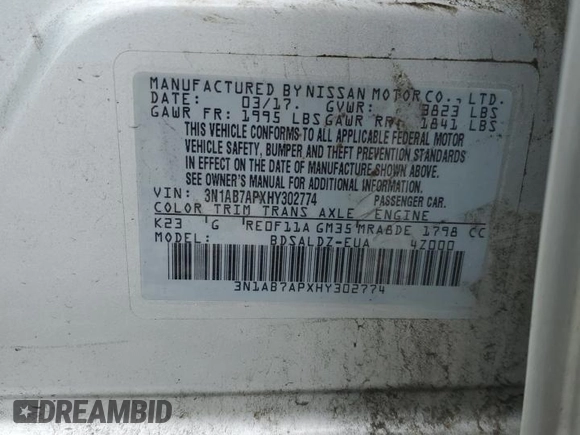 2017 Nissan Sentra SV с VIN 3N1AB7APXHY302774, выставлен на аукционе Copart как лот 58315375 с пробегом 83 975 миль миль и Списание • Salvage title. История ставок и продаж доступна на DreamBid. Изображение 12.