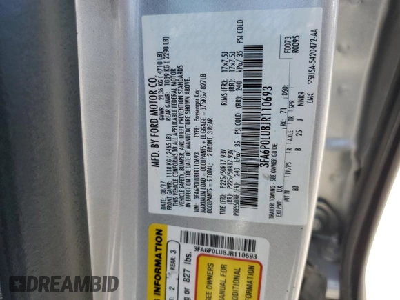 2018 Ford Fusion SE z VIN 3FA6P0LU8JR110693, wystawiony jako Copart lot #61931995 z przebiegiem 119 629 mil mil oraz Szkoda całkowita • Salvage title. Historia ofert i sprzedaży dostępna na DreamBid. Obrazek 12.