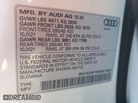 2021 Audi Q8 Premium with VIN WA1AVAF15MD014688, listed as a Copart auction lot 83991624 with 55,373 mi miles and Salvage Title. Bid and sale history available at carsss.com. Image 13.