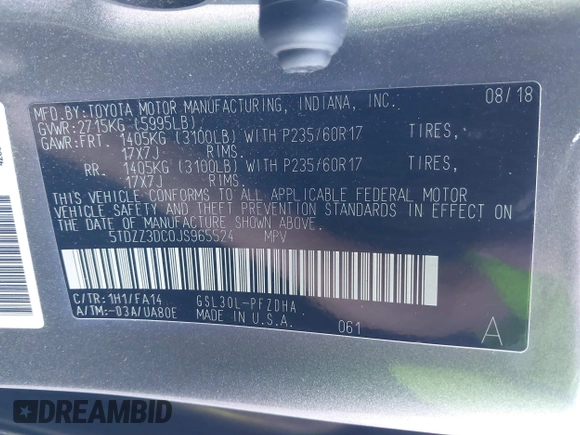 2018 Toyota Sienna L with VIN 5TDZZ3DC0JS965524, listed as a IAAI auction lot 41608423 with 63,815 mi miles and . Bid and sale history available at DreamBid. Image 9.