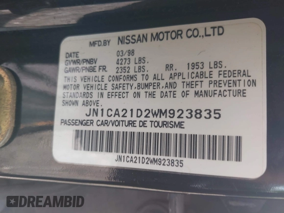 1998 Nissan Maxima GXE with VIN JN1CA21D2WM923835, listed as a IAAI auction lot 42221419 with 256,441 mi miles and . Bid and sale history available at DreamBid. Image 9.