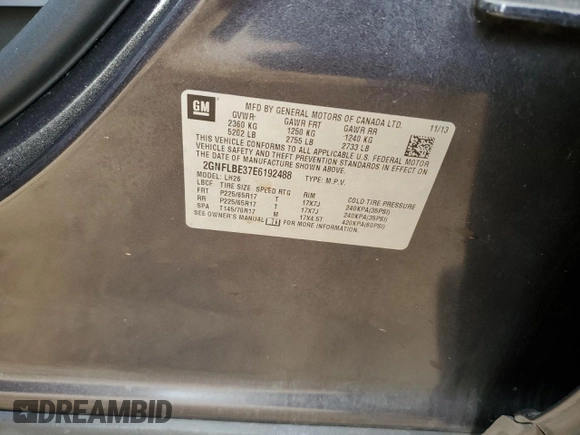2014 Chevrolet Equinox LT with VIN 2GNFLBE37E6192488, listed as a Copart auction lot 46169685 with 177,027 mi miles and Salvage Title. Bid and sale history available at DreamBid. Image 13.