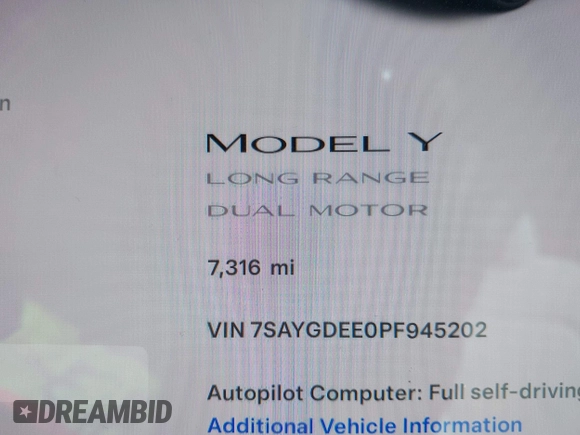 2023 Tesla Model Y Long Range with VIN 7SAYGDEE0PF945202, listed as a IAAI auction lot 41611762 with 7,316 mi miles and . Bid and sale history available at DreamBid. Image 7.