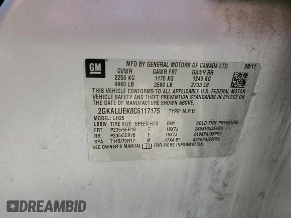 2012 GMC Terrain SLT-1 with VIN 2GKALUEK8C6117175, listed as a Copart auction lot 58040115 with 243,420 mi miles and Salvage title. Bid and sale history available at DreamBid. Image 13.