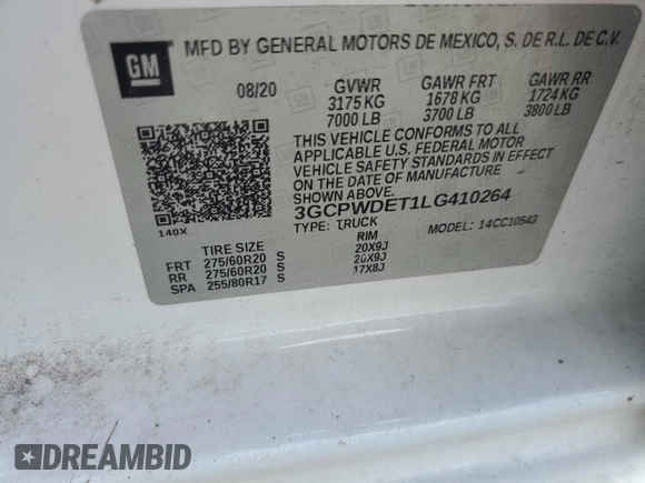 2020 Chevrolet Silverado 1500 RST with VIN 3GCPWDET1LG410264, listed as a Copart auction lot 46705815 with Not Provided miles and Non Repairable. Bid and sale history available at DreamBid. Image 12.