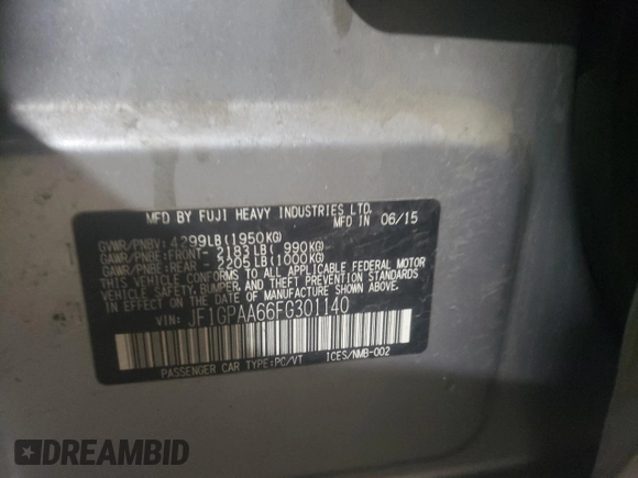 2015 Subaru Impreza 2.0i z VIN JF1GPAA66FG301140, wystawiony jako Copart lot #45355565 z przebiegiem 59 645 mil mil oraz Szkoda całkowita • Salvage title. Historia ofert i sprzedaży dostępna na DreamBid. Obrazek 13.