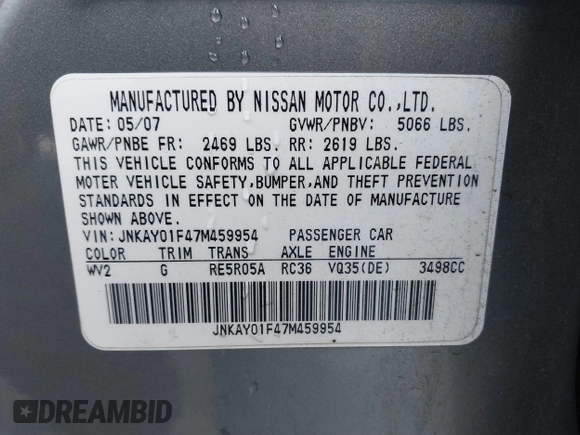 2007 Infiniti M x with VIN JNKAY01F47M459954, listed as a IAAI auction lot 41011030 with 183,738 mi miles. Bid and sale history available at carsss.com. Image 9.