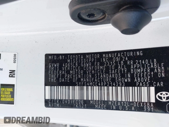 2024 Toyota Corolla SE with VIN 5YFS4MCE4RP214293, listed as a IAAI auction lot 41841550 with 4,695 mi miles and . Bid and sale history available at DreamBid. Image 9.