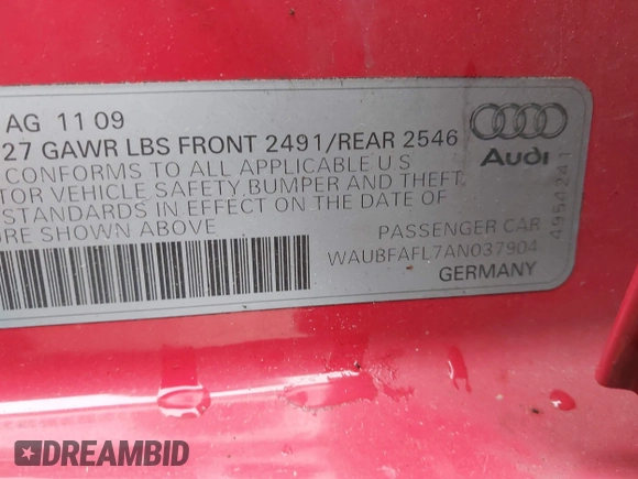2010 Audi A4 2.0T Premium with VIN WAUBFAFL7AN037904, listed as a IAAI auction lot 41763722 with 110,445 mi miles. Bid and sale history available at carsss.com. Image 9.