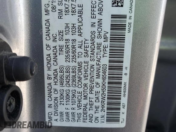 2019 Honda CR-V EX with VIN 2HKRW2H50KH654603, listed as a Copart auction lot 49773825 with 72,756 mi miles and Salvage Title. Bid and sale history available at DreamBid. Image 16.
