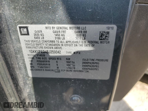 2011 GMC Acadia SLE with VIN 1GKKVPED4BJ259042, listed as a Copart auction lot 50728515 with 171,523 mi miles and Clean Title. Bid and sale history available at carsss.com. Image 13.