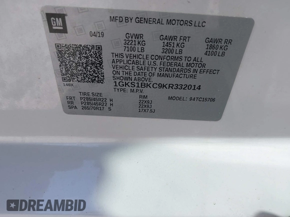 2019 GMC Yukon SLT with VIN 1GKS1BKC9KR332014, listed as a IAAI auction lot 40674460 with 76,545 mi miles. Bid and sale history available at carsss.com. Image 9.