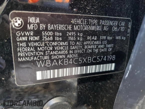 2011 BMW 7 Series 740Li with VIN WBAKB4C5XBC574198, listed as a Copart auction lot 81507884 with 158,437 mi miles and Salvage title. Bid and sale history available at DreamBid. Image 14.