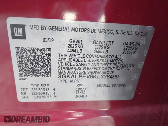 2019 GMC Terrain SLT z VIN 3GKALPEV6KL338490, wystawiony jako IAAI lot #41898528 z przebiegiem 102 917 mil mil oraz . Historia ofert i sprzedaży dostępna na DreamBid. Obrazek 9.