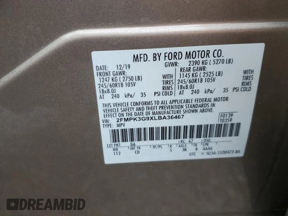 2020 Ford Edge SE с VIN 2FMPK3G9XLBA36467, выставлен на аукционе Copart как лот 51121035 с пробегом 86 437 миль миль и Списание • Salvage title. История ставок и продаж доступна на DreamBid. Изображение 13.