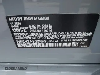2024 BMW M3 Competition xDrive with VIN WBS43AY00RFS56564, listed as a IAAI auction lot 41222485 with 7,477 mi miles and . Bid and sale history available at DreamBid. Image 9.