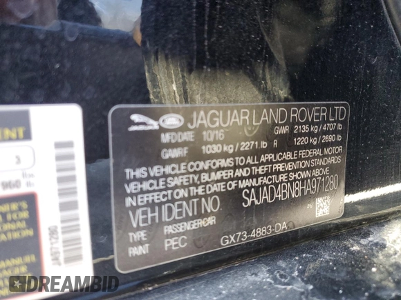 2017 Jaguar XE with VIN SAJAD4BN8HA971280, listed as a Copart auction lot 46463545 with 63,351 mi miles and Clean Title. Bid and sale history available at DreamBid. Image 13.