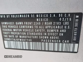 2015 Volkswagen Jetta Sport with VIN 3VWD17AJ5FM307746, listed as a IAAI auction lot 41506413 with 113,297 mi miles and . Bid and sale history available at DreamBid. Image 9.