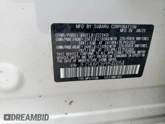 2023 Subaru Forester Limited с VIN JF2SKAPC6PH540054, выставлен на аукционе Copart как лот 57816565 с пробегом 19 318 миль миль и Списание • Salvage title. История ставок и продаж доступна на DreamBid. Изображение 13.