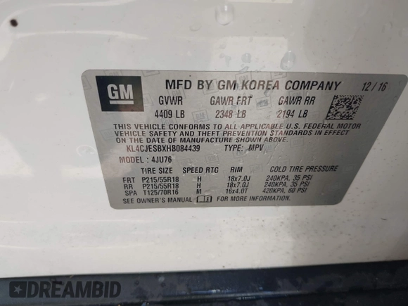 2017 Buick Encore Preferred with VIN KL4CJESBXHB084439, listed as a IAAI auction lot 42578119 with 90,631 mi miles and . Bid and sale history available at DreamBid. Image 9.