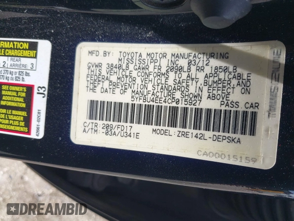 2012 Toyota Corolla L with VIN 5YFBU4EE4CP015927, listed as a IAAI auction lot 41924742 with 162,021 mi miles and . Bid and sale history available at DreamBid. Image 9.