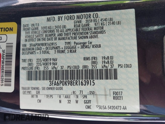 2014 Ford Fusion Titanium with VIN 3FA6P0K98ER163915, listed as a IAAI auction lot 41974577 with Not Provided miles. Bid and sale history available at carsss.com. Image 9.
