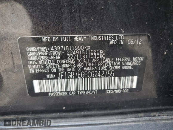 2012 Subaru WRX WRX Limited с VIN JF1GR7E66CG242755, выставлен на аукционе Copart как лот 56416345 с пробегом 123 918 миль миль и Списание • Salvage title. История ставок и продаж доступна на DreamBid. Изображение 13.
