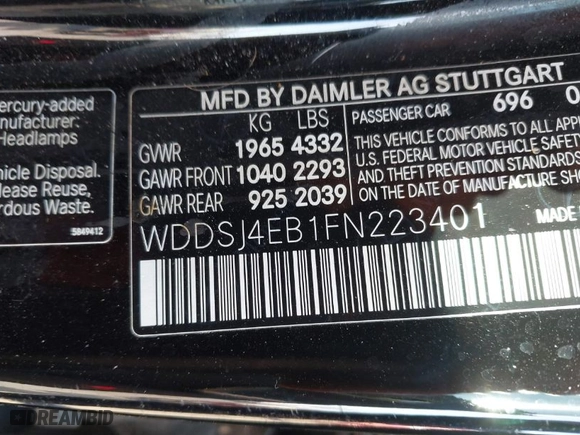 2015 Mercedes-Benz CLA-Class CLA 250 with VIN WDDSJ4EB1FN223401, listed as a IAAI auction lot 41096124 with 99,172 mi miles. Bid and sale history available at carsss.com. Image 9.