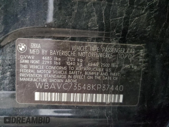 2008 BMW 3 Series 328xi with VIN WBAVC73548KP37440, listed as a Copart auction lot 55354075 with 156,000 mi miles and Salvage title. Bid and sale history available at DreamBid. Image 13.