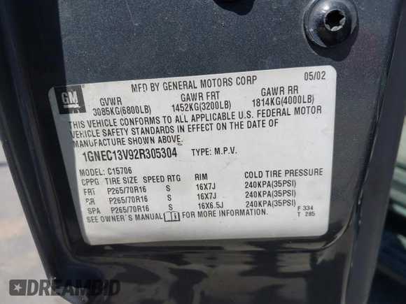 2002 Chevrolet Tahoe LS z VIN 1GNEC13V92R305304, wystawiony jako IAAI lot #41851210 z przebiegiem Nie podano mil oraz . Historia ofert i sprzedaży dostępna na DreamBid. Obrazek 9.