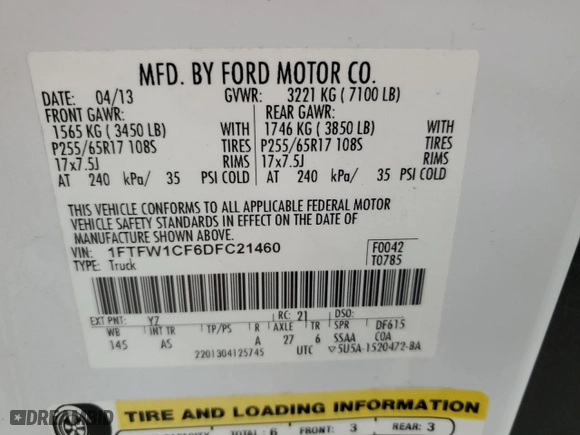 2013 Ford F-150 XL with VIN 1FTFW1CF6DFC21460, listed as a Copart auction lot 50987365 with 10,833 mi miles and Salvage Title. Bid and sale history available at carsss.com. Image 12.