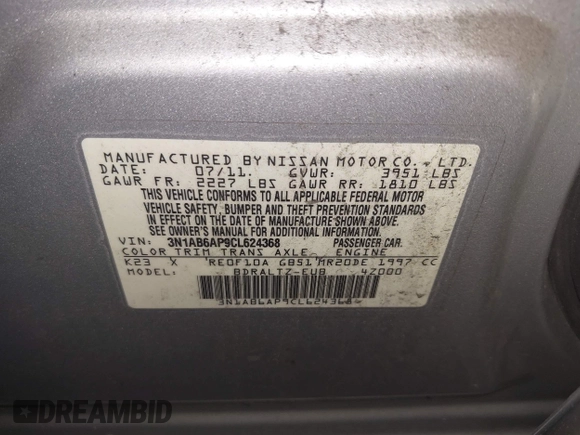2012 Nissan Sentra SR with VIN 3N1AB6AP9CL624368, listed as a IAAI auction lot 42759794 with 163,434 mi miles and . Bid and sale history available at DreamBid. Image 9.