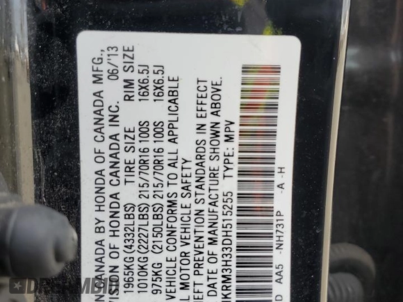2013 Honda CR-V LX with VIN 2HKRM3H33DH515255, listed as a Copart auction lot 48430545 with 126,150 mi miles and Salvage Title. Bid and sale history available at carsss.com. Image 13.