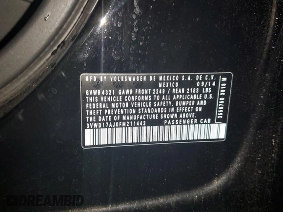 2015 Volkswagen Jetta SE with VIN 3VWD17AJ0FM211443, listed as a Copart auction lot 56900945 with 68,581 mi miles and Salvage title. Bid and sale history available at DreamBid. Image 12.