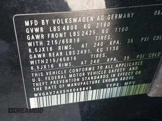 2017 Volkswagen Tiguan S with VIN WVGAV7AX5HK048843, listed as a IAAI auction lot 42029583 with 73,892 mi miles and . Bid and sale history available at DreamBid. Image 9.